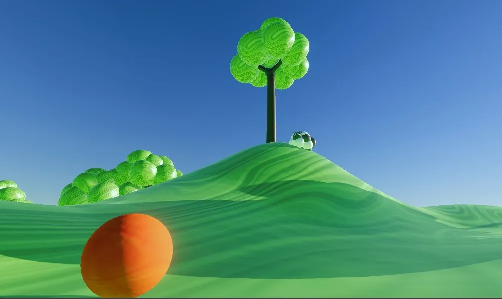 An orange ball resting at the foot of a grassy hill topped by a single tree.