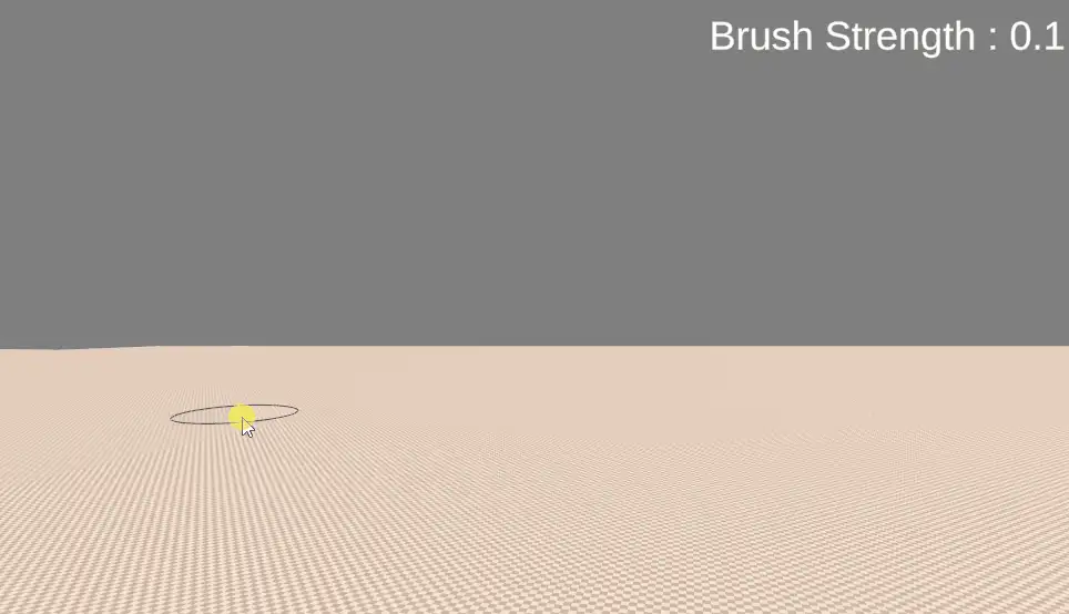 A circular brush raising mounds on a flat test terrain as its size changes.