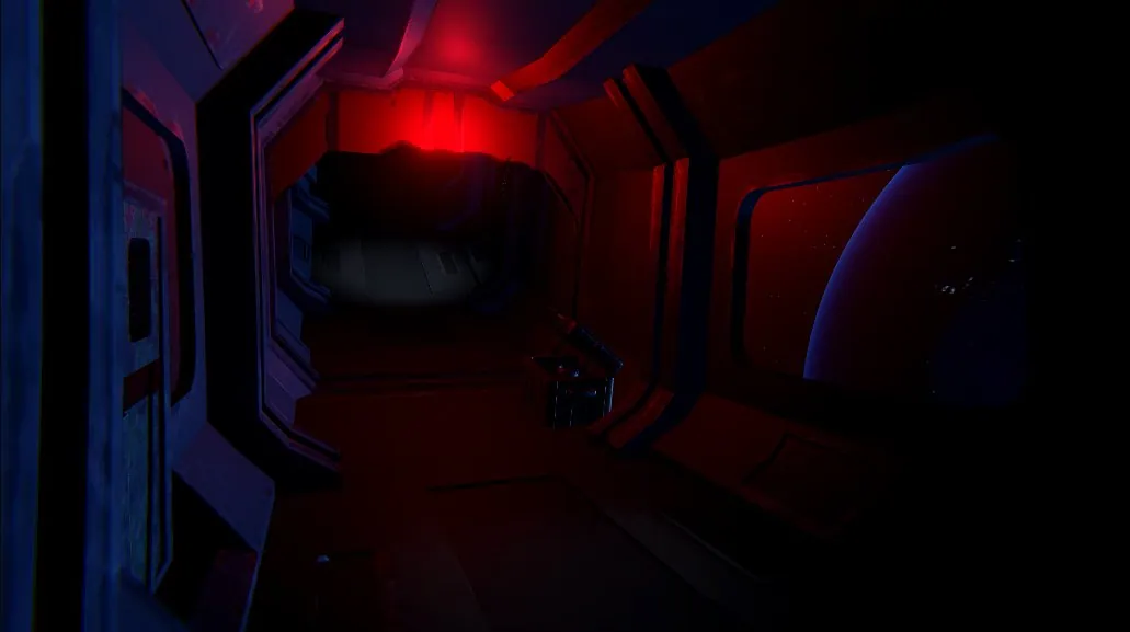 A spaceship corridor lit in red, with a blue light at its end.