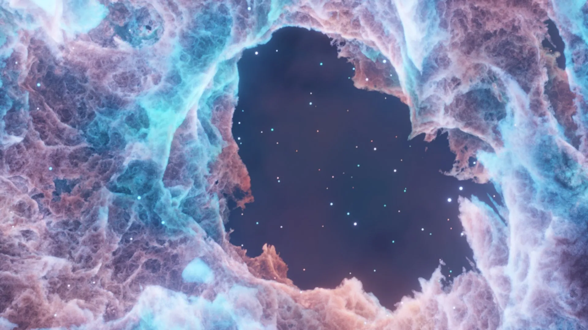 A hole torn through a pink and turquoise nebula, opening onto a starfield.