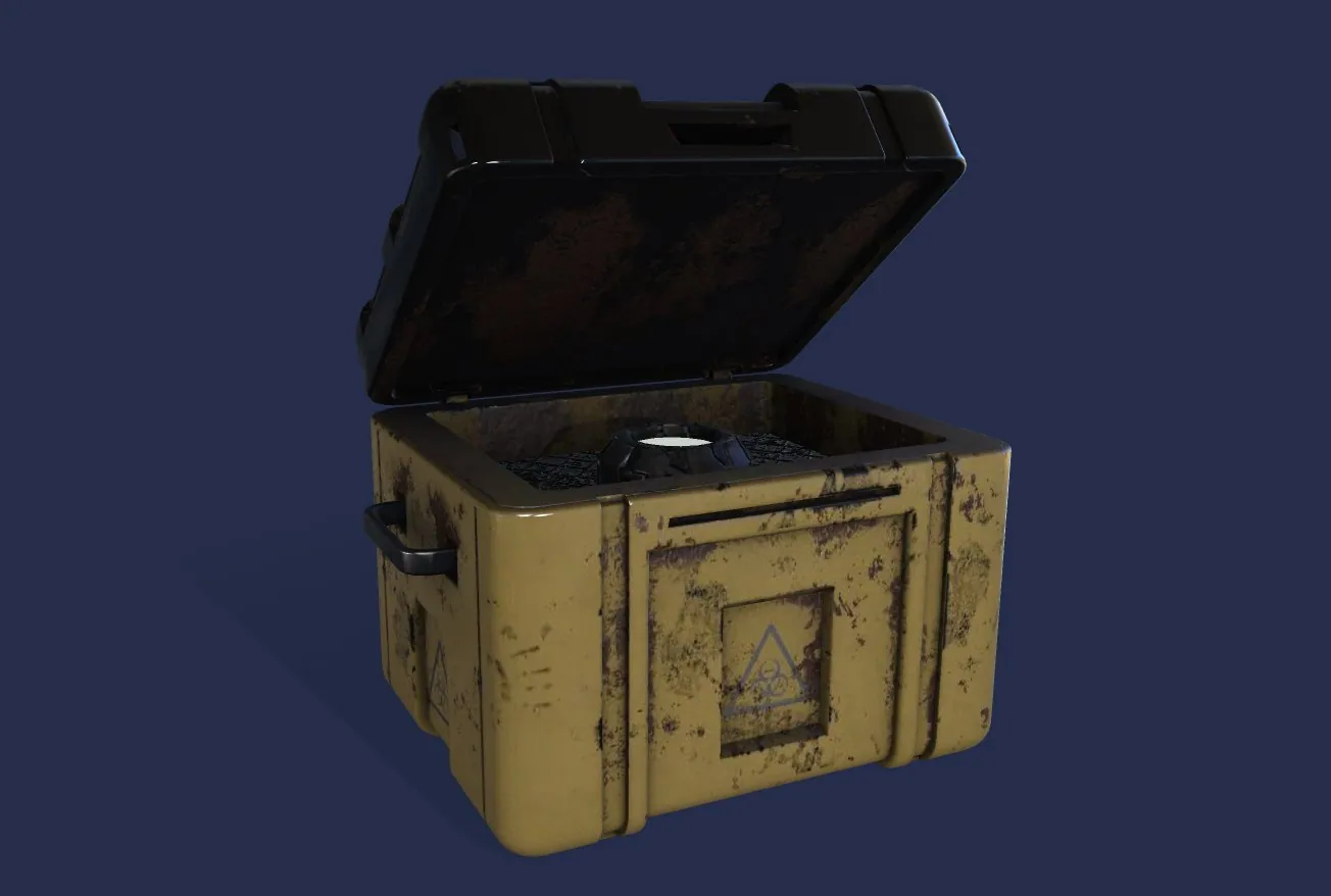 A worn yellow cargo crate with its lid open, on a dark blue background.