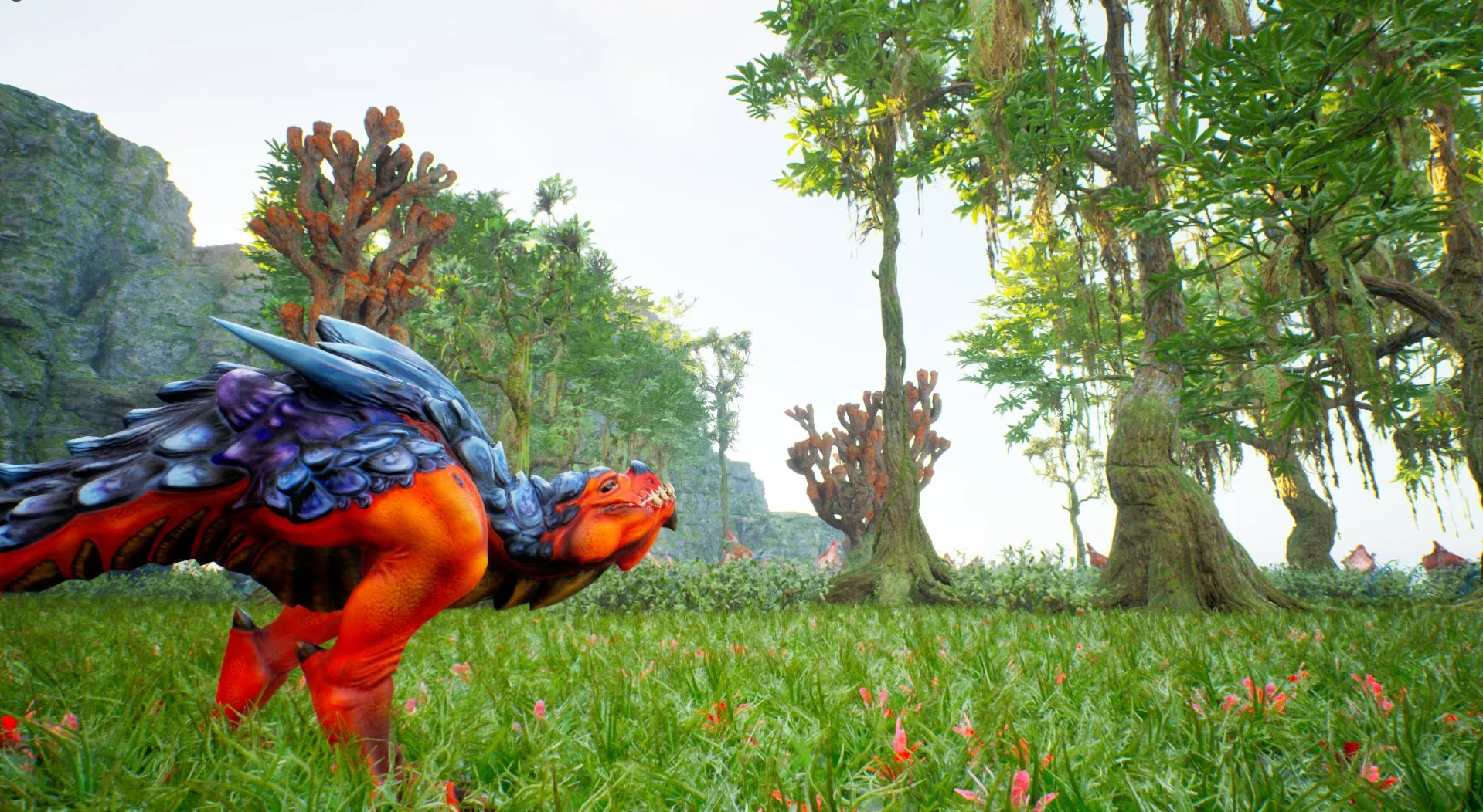 A red and blue armoured creature in the tall grass of the jungle.