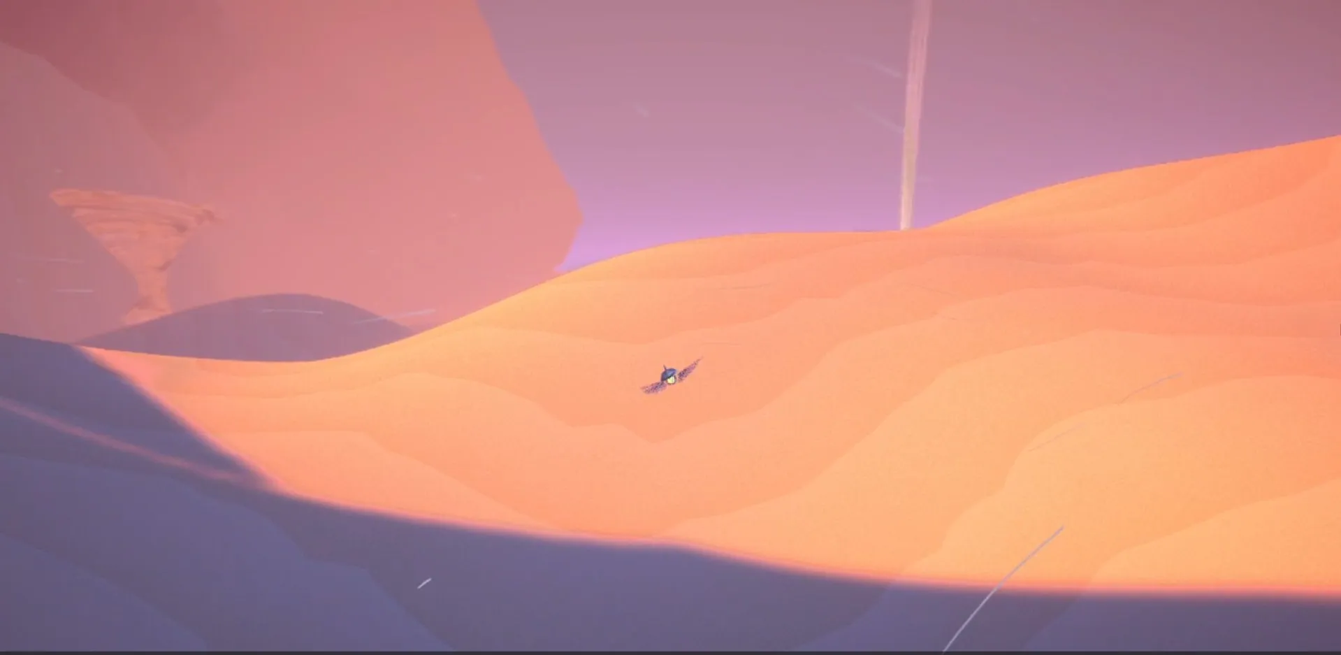 The insect gliding low over orange dunes, a tornado in the distance.