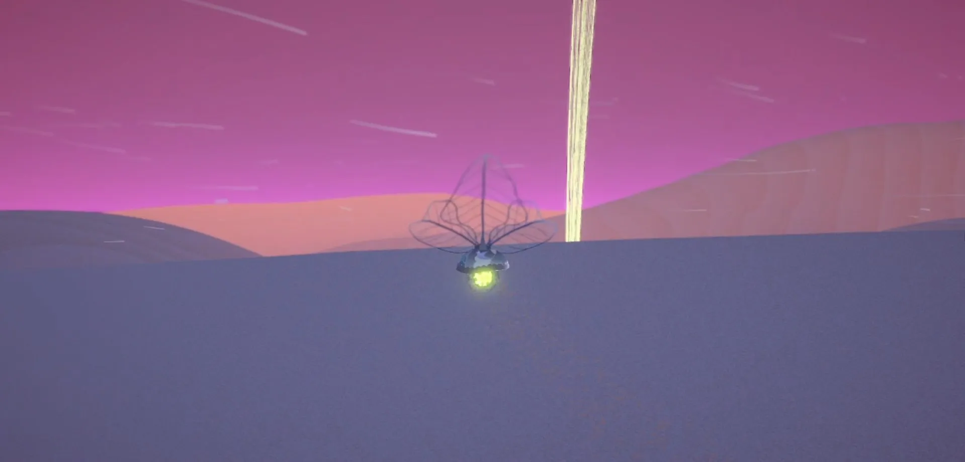 The insect at dusk under a pink sky, a beam of light rising from a time point.