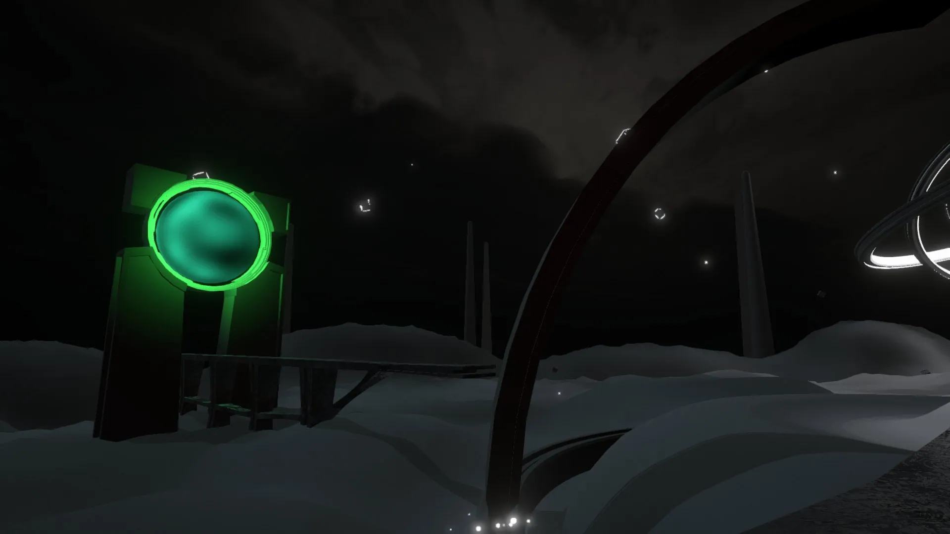 A green glowing ring standing on a pillar in the dark landscape.