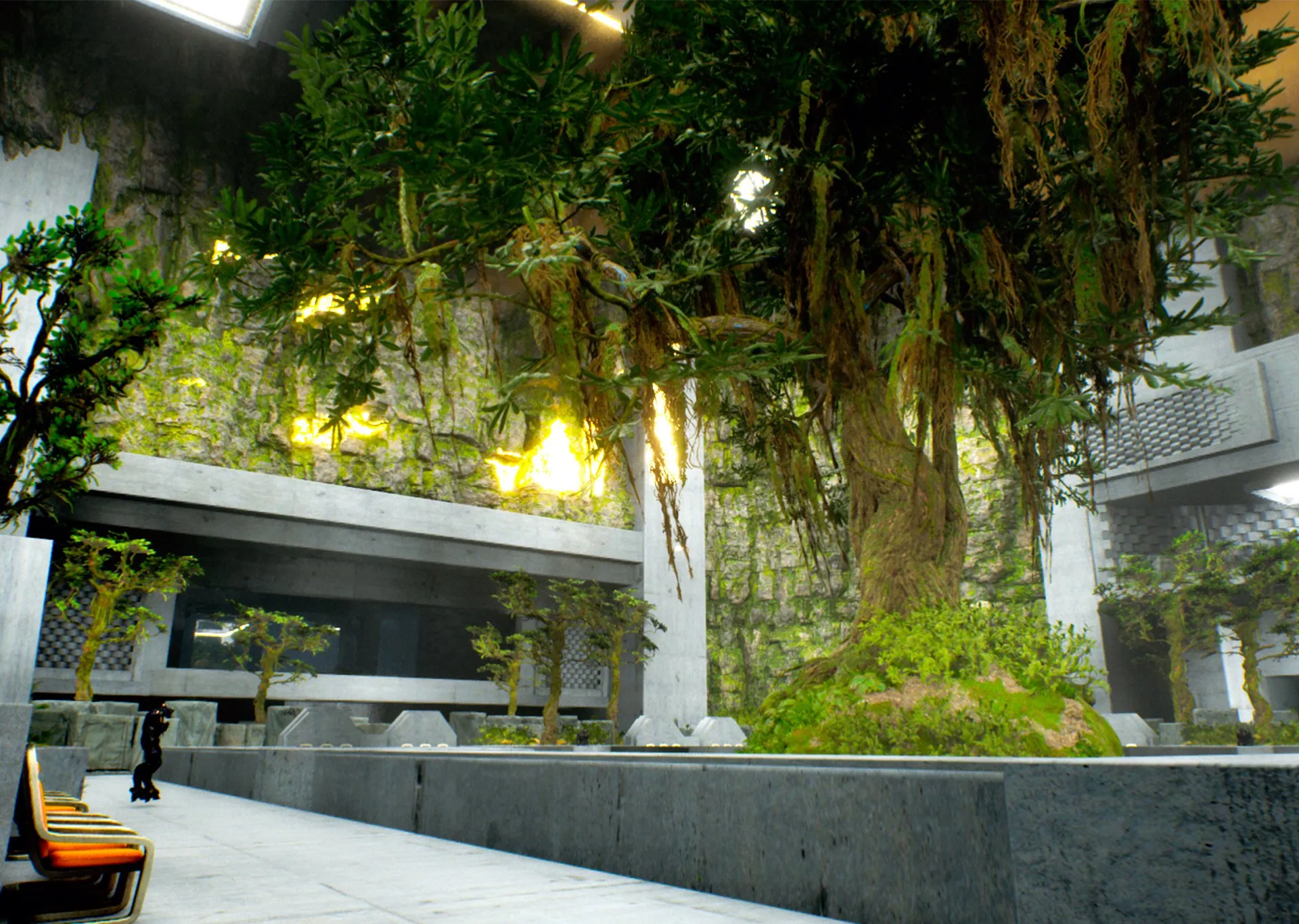 A concrete atrium overgrown with trees and hanging vines.