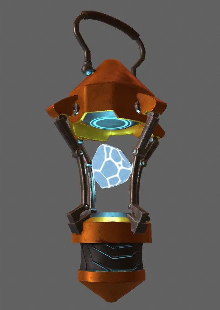 A sci-fi lantern in orange metal holding a glowing blue crystal.