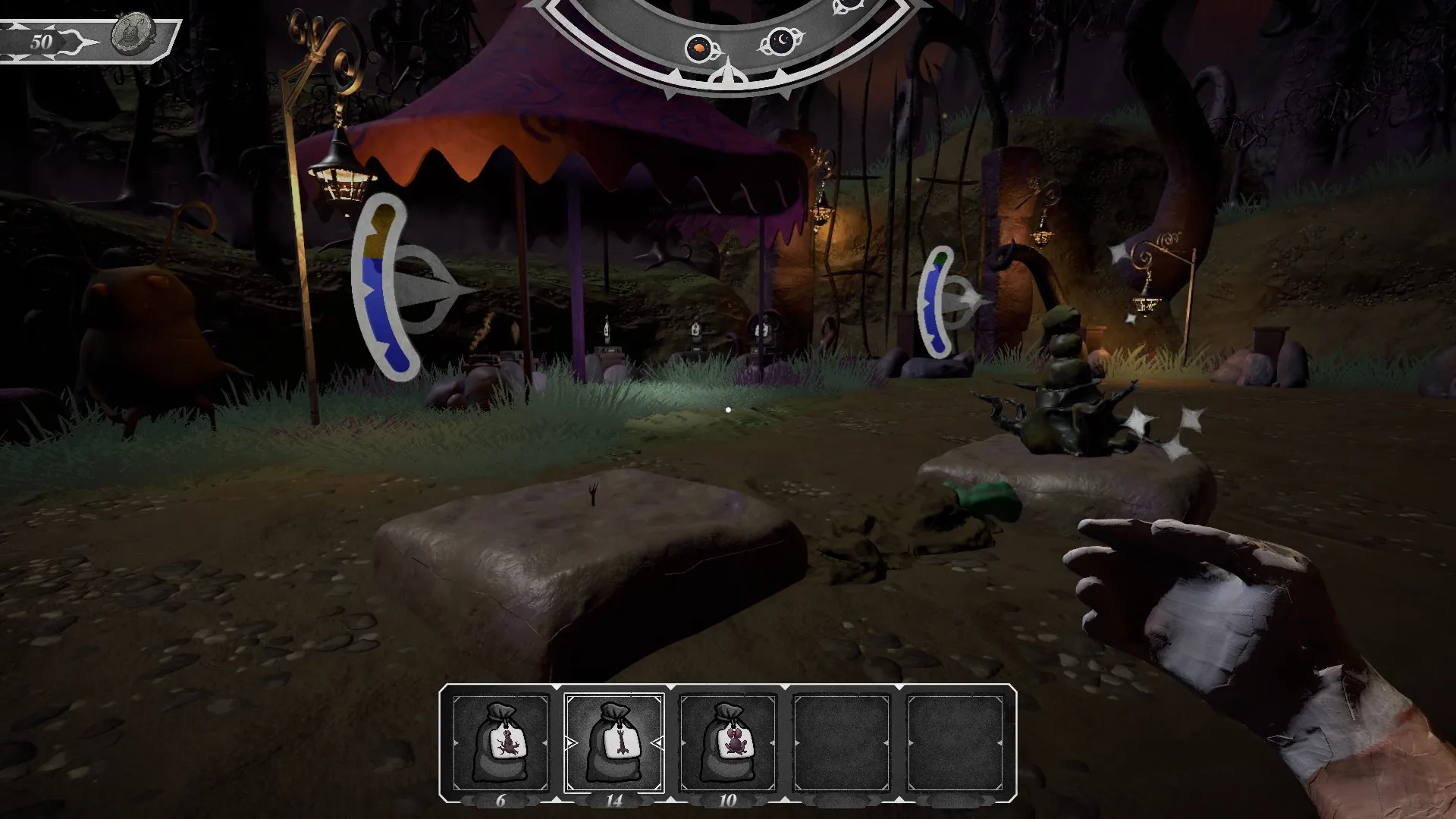 A purple tent beyond two stone beds, the playe’ hand holding a tool.