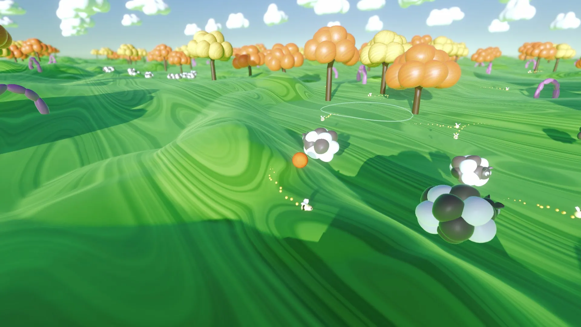 Sheep and mushroom trees on a sunny meadow.