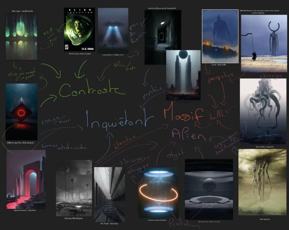 Moodboard of dark sci-fi references annotated with the words contrast, worrying, massive and alien.