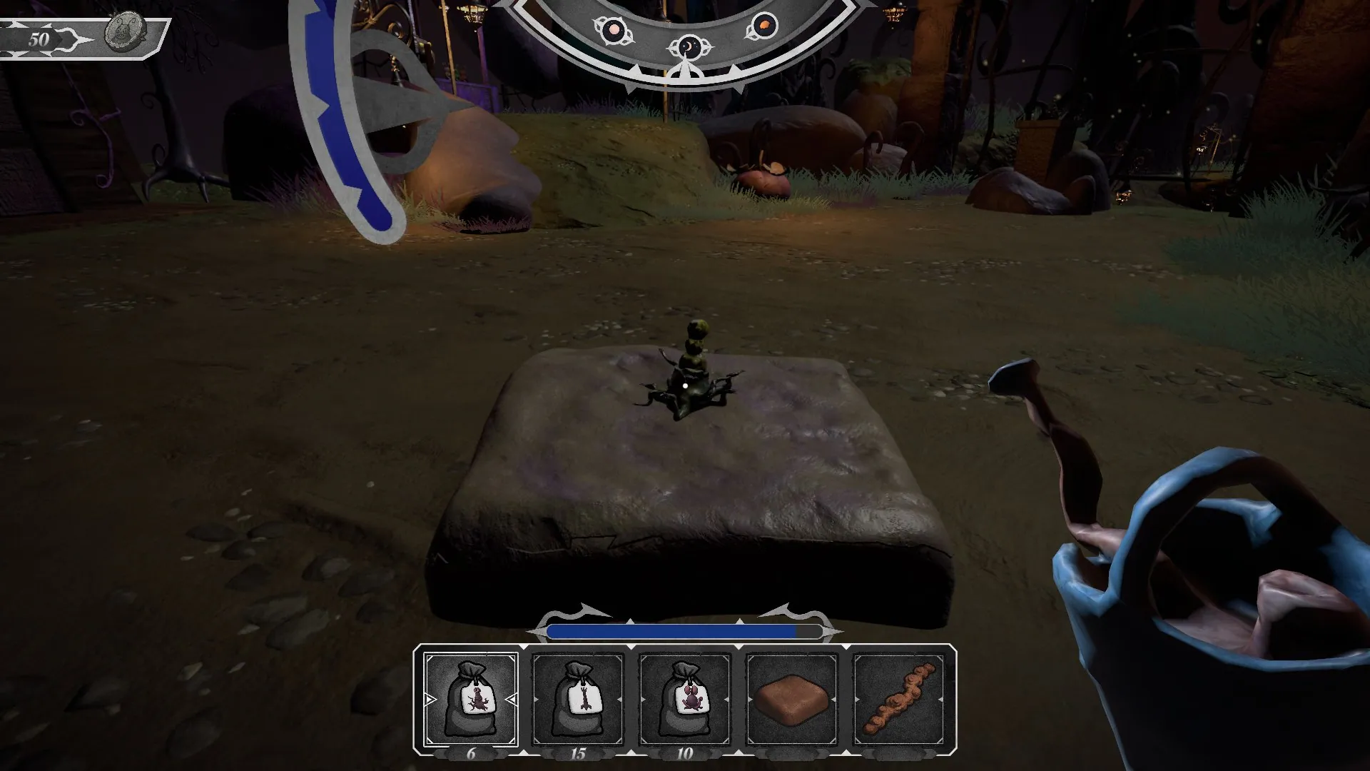 A seedling on a stone bed, with a watering gauge on the left of the screen.