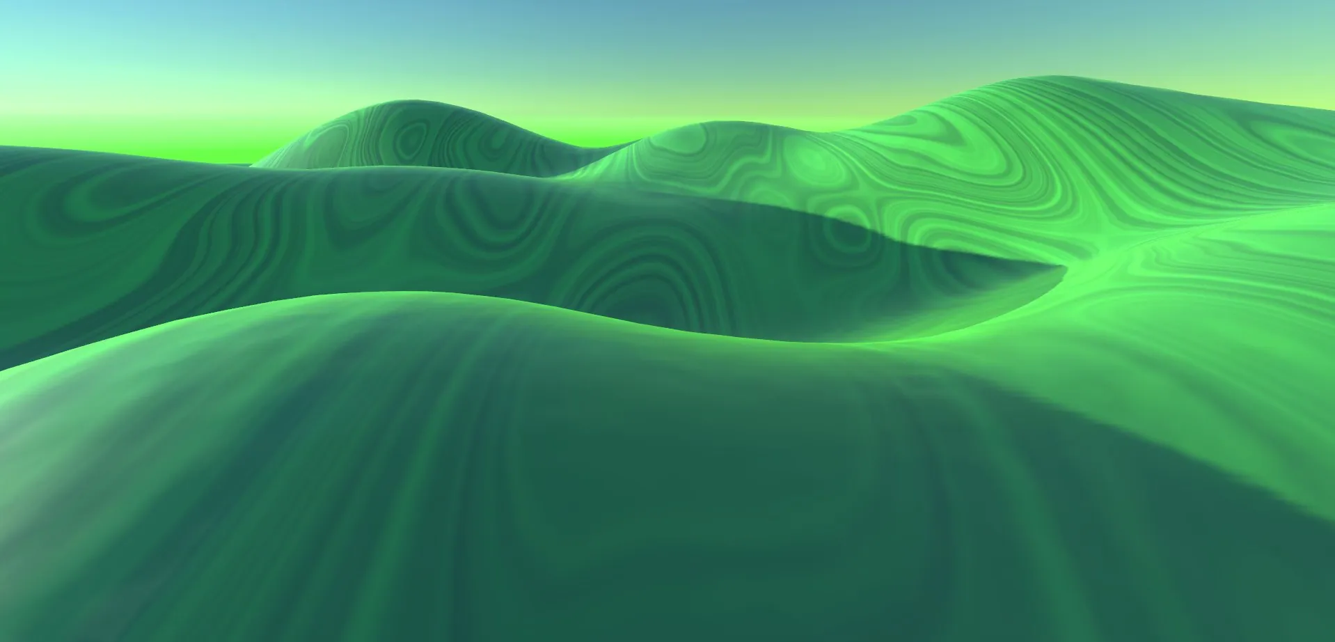 Green dunes with contour stripes that follow the shape of the terrain.