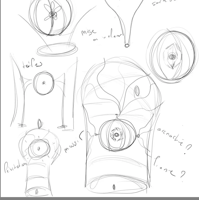 Pencil sketches of round alien structures and a figure standing in front of a giant door.