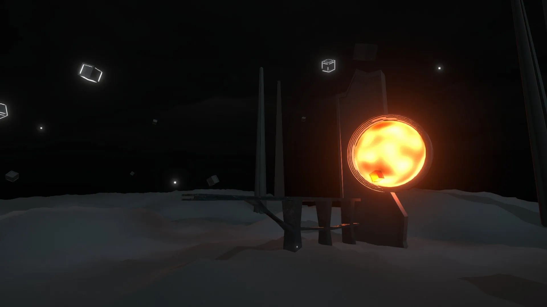 An orange glowing sphere set in a dark stone frame.