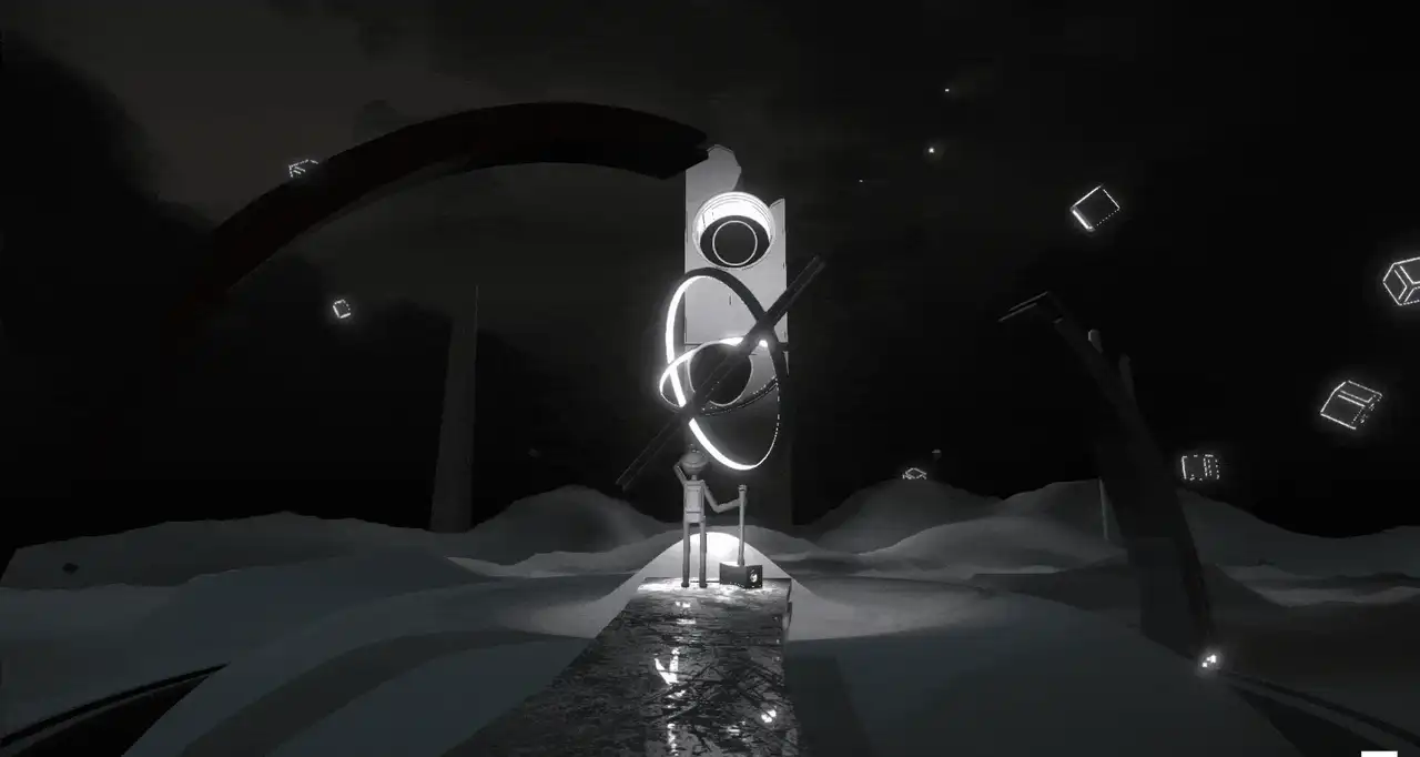 The camera moving slowly around the turbine and the floating cubes.